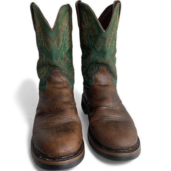 Justin Leather Western Cowboy Green Brown Boots Men's 7.5 D - Picture 3 of 13